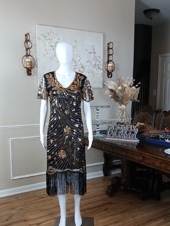 Black & Gold Art Deco Floral Cocktail Fringe V-Neck Beaded Dress New Large - Picture 15 of 16
